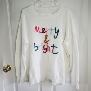 White Sweater with Colorful Christmas 'Merry & Bright' Design. Size XL. #MP
